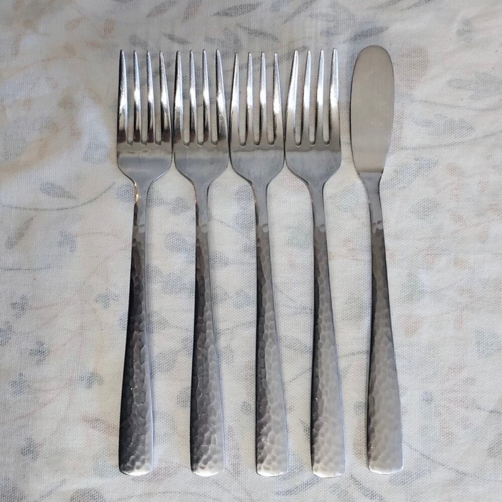 5 Pcs Bobby Flay Martilla Stainless 4 Salad Forks 1 Master Butter Knife Hammered